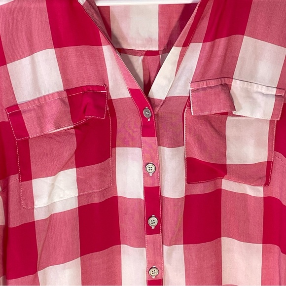 Medium Red & White Plaid V Neck Soft Button-Up Blouse Adjustable Sleeves - Picture 7 of 13